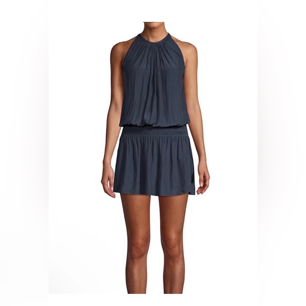 Ramy Brook Shelly Gathered Drop Waist Dress In Navy Blue Polyeste. Size S